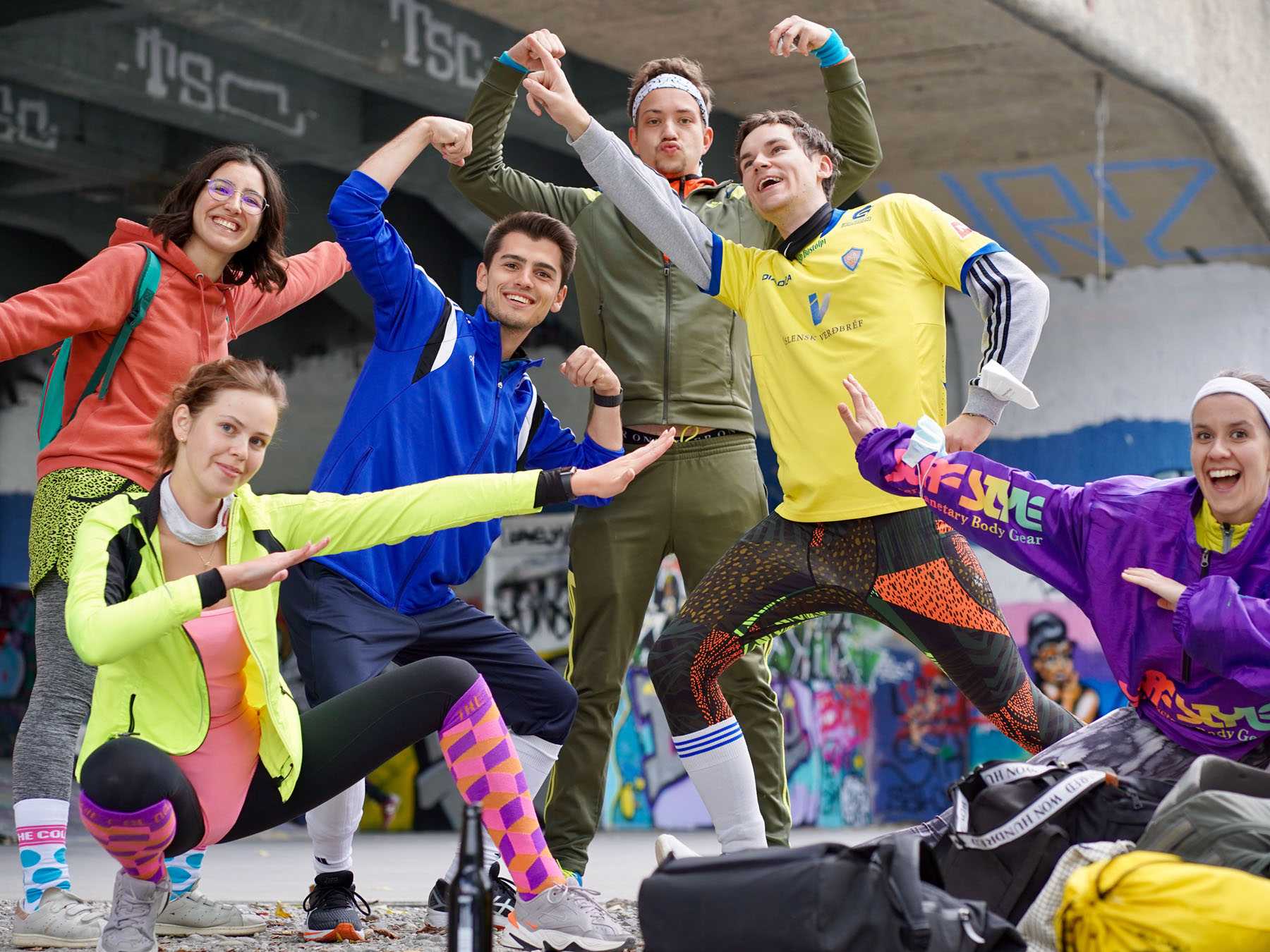 Enlarged view: Students dressed up as aerobics instructors and posing.